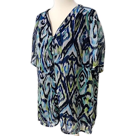 AVENUE Plus Size 2X 18 20 Button Down Blouse Ikat Short Shirred Sleeve Sheer - Picture 5 of 16